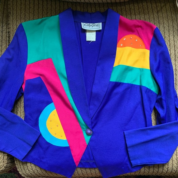 Vtg 80’s City Girl Blue Rainbow Cropped Blazer 6 - Picture 2 of 14